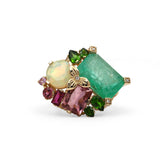 Luxury Colombian Emerald Pink Tourmaline Opal Rhodolite Garnet Chrome Diopside and Diamond Ring in 18K Gold