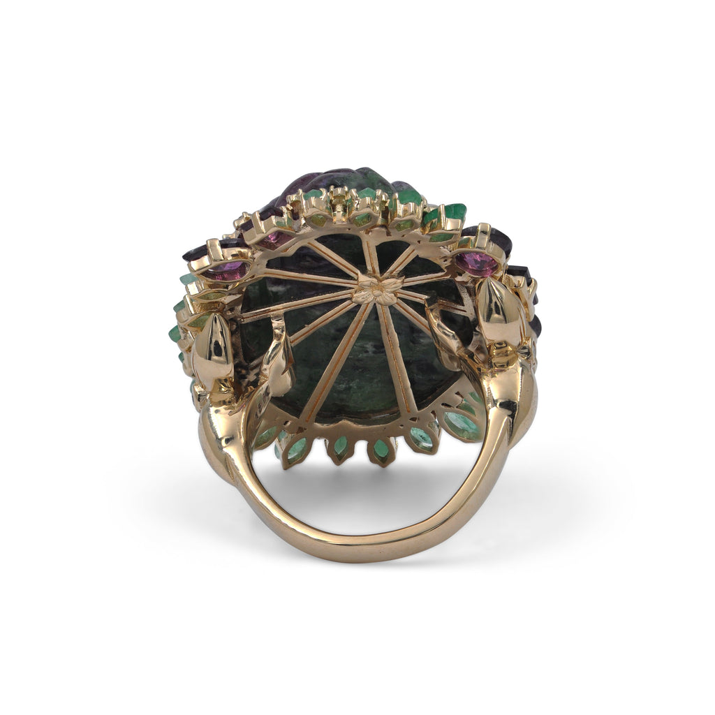 Luxury Hand Carved Ruby Zoisite 34ct Emerald Rhodolite Garnet and Diamond 0.25ct Ring in 18K Gold