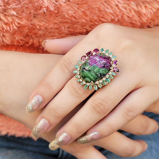 Luxury Hand Carved Ruby Zoisite 34ct Emerald Rhodolite Garnet and Diamond 0.25ct Ring in 18K Gold
