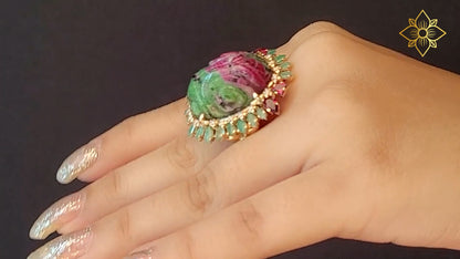 Luxury Hand Carved Ruby Zoisite 34ct Emerald Rhodolite Garnet and Diamond 0.25ct Ring in 18K Gold
