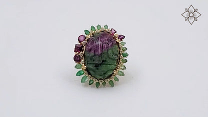 Luxury Hand Carved Ruby Zoisite 34ct Emerald Rhodolite Garnet and Diamond 0.25ct Ring in 18K Gold
