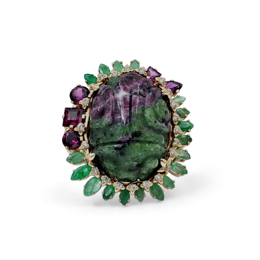 Luxury Hand Carved Ruby Zoisite 34ct Emerald Rhodolite Garnet and Diamond 0.25ct Ring in 18K Gold