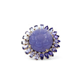 Luxury Hand Carved Chalcedony 18ct Tanzanite 5ct and Diamond 0.25ct Ring in 18K Gold