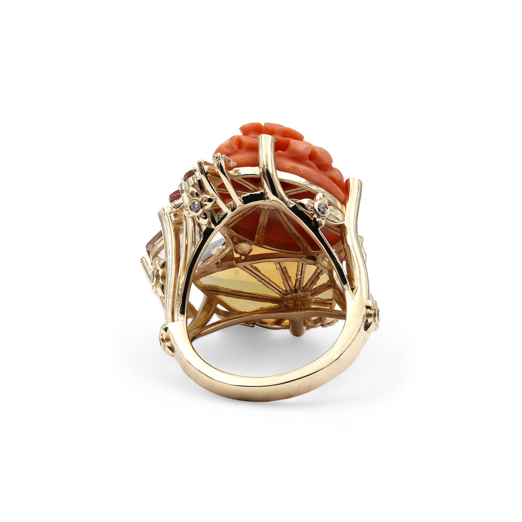 Luxury Hand Carved Coral 14.5ct Ethiopian Opal 5.1ct Morganite 1.5ct Pink Tourmaline 0.40ct and Diamond 0.45ct Ring in 18K Gold