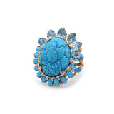 Luxury Hand Carved Turquoise 23ct Blue Topaz 6.5ct Turquoise 2.8ct and Diamond 0.40ct Ring in 18K Gold