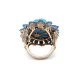 Luxury Hand Carved Turquoise 23ct Blue Topaz 6.5ct Turquoise 2.8ct and Diamond 0.40ct Ring in 18K Gold