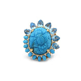 Luxury Hand Carved Turquoise 23ct Blue Topaz 6.5ct Turquoise 2.8ct and Diamond 0.40ct Ring in 18K Gold