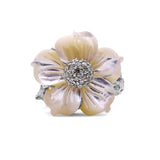 Luxury Hand Carved Mother of Pearl and Diamond Ring in 18K White Gold