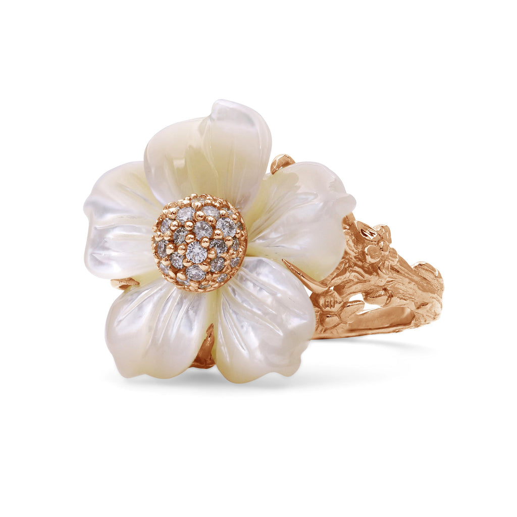 Luxury Hand Carved Mother of Pearl and Diamond Ring in 18K Rose Gold