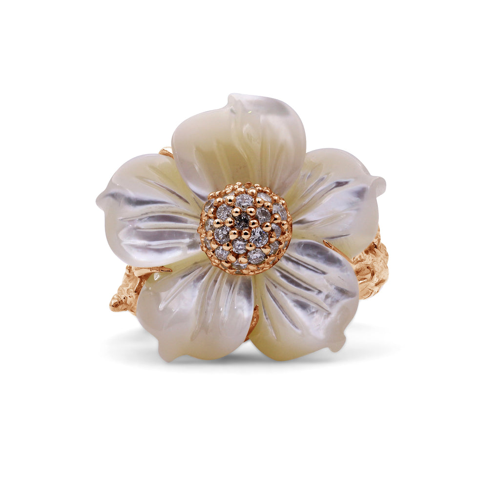 Luxury Hand Carved Mother of Pearl and Diamond Ring in 18K Rose Gold