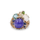 Luxury Tanzanite 10.6ct Emerald 1.4ct Opal 1.7ct Tsavorite 0.40ct Sapphire 0.6ct and Diamond 0.02ct Ring in 18K Gold