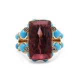 Luxury Pink Tourmaline 13.65ct Turquoise 3.95ct and Diamond 0.25ct Ring in 18K Gold