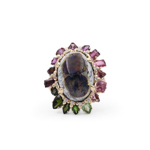 Luxury Matrix Opal 13ct Tourmaline Garnet Chrome Diopside Rhodolite Garnet and Diamond 0.20ct Ring in 18K Gold