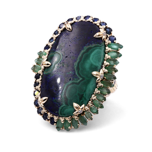Luxury Azurite Malachite 24.8ct Emerald 1.95ct Blue Sapphire 1.45ct and Diamond 0.15ct Ring in 18K Gold