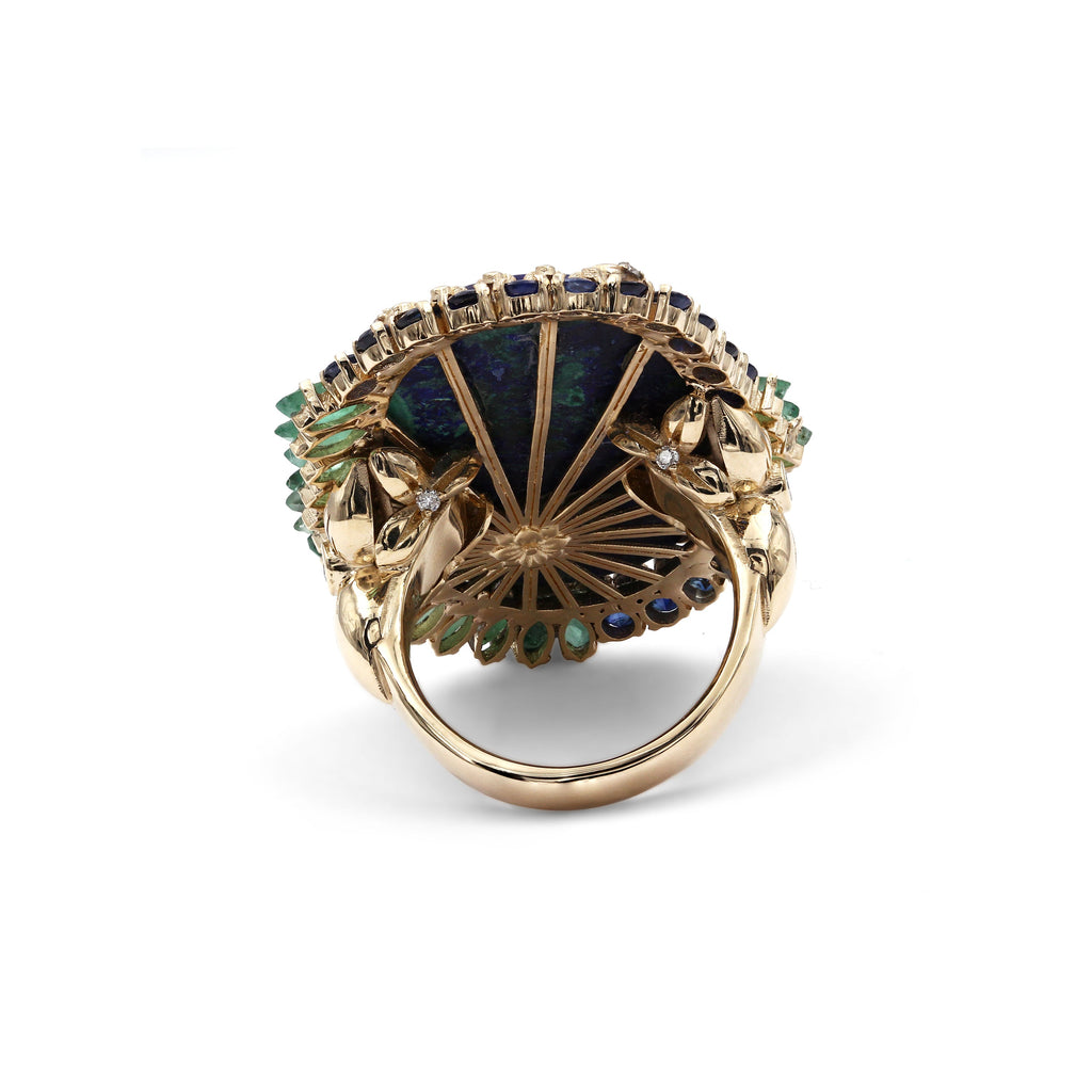 Luxury Azurite Malachite 24.8ct Emerald 1.95ct Blue Sapphire 1.45ct and Diamond 0.15ct Ring in 18K Gold