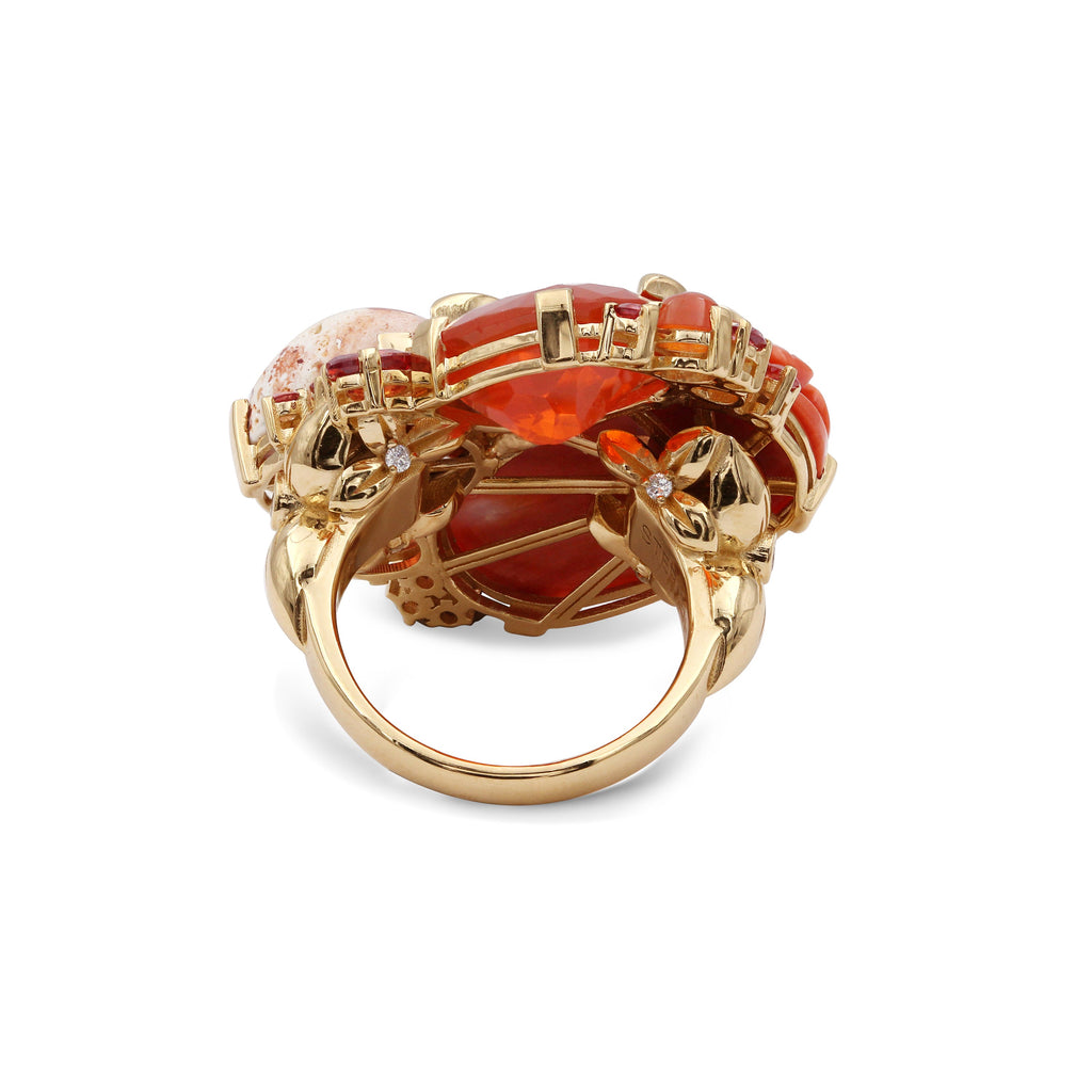 Luxury Hand Carved Coral 12.4ct Fire Opal 9.5ct Red Sapphire 1.15ct and Diamond 0.15ct Ring in 18K Gold