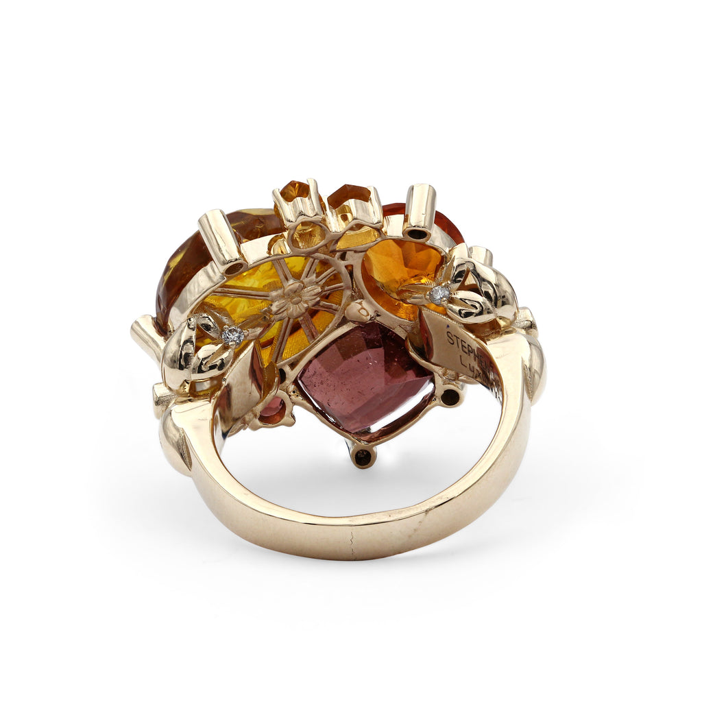Luxury Pink Tourmaline 4.55ct Internally Carved Amber 2.2ct Fire Opal 0.95ct Garnet 0.45ct Orange Sapphire 0.45ct Citrine 0.40ct and Diamond 0.20ct Ring in 18K Gold
