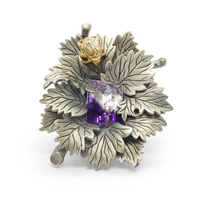 One of a Kind Bi-Color Amethyst and Handmade Cire Perdue Assemblage of Leaves in Sterling Silver with 18K Gold Adam