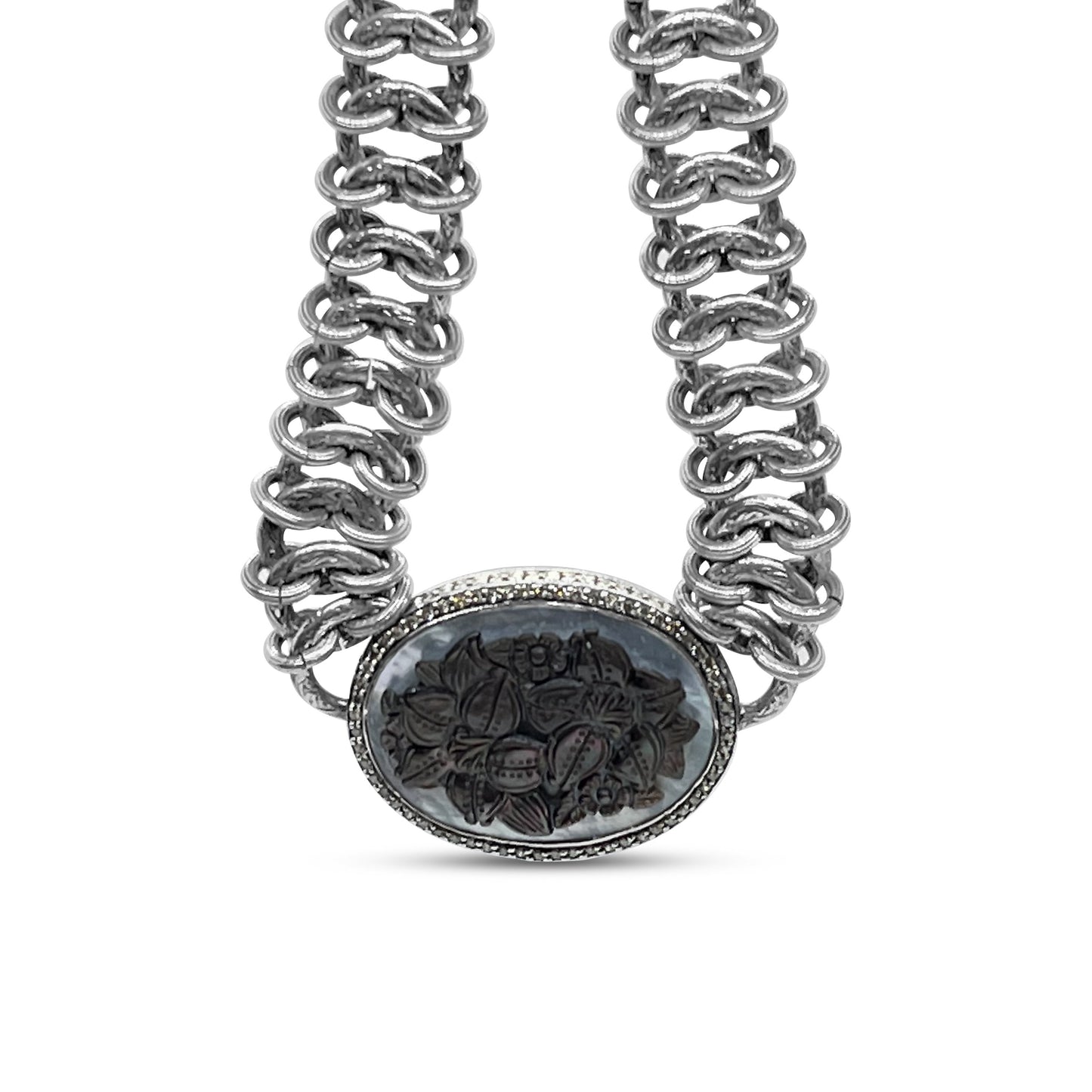 Legacy Hand Carved Tahitian Mother of Pearl and Champagne Diamond 0.85ct Necklace in Woven Sterling Silver