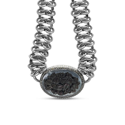 Legacy Hand Carved Tahitian Mother of Pearl and Champagne Diamond 0.85ct Necklace in Woven Sterling Silver