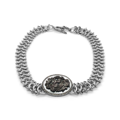 Legacy Hand Carved Tahitian Mother of Pearl and Champagne Diamond 0.85ct Necklace in Woven Sterling Silver