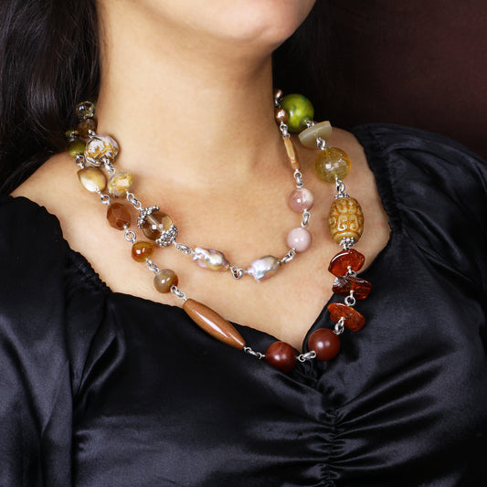 Garden of Stephen Turquoise Agate Flourite Jade Amber Carnelian Smoky Quartz Crazy Lace Agate Rutilated Quartz Pearls Moonstone and Aragonite Necklace in Sterling Silver