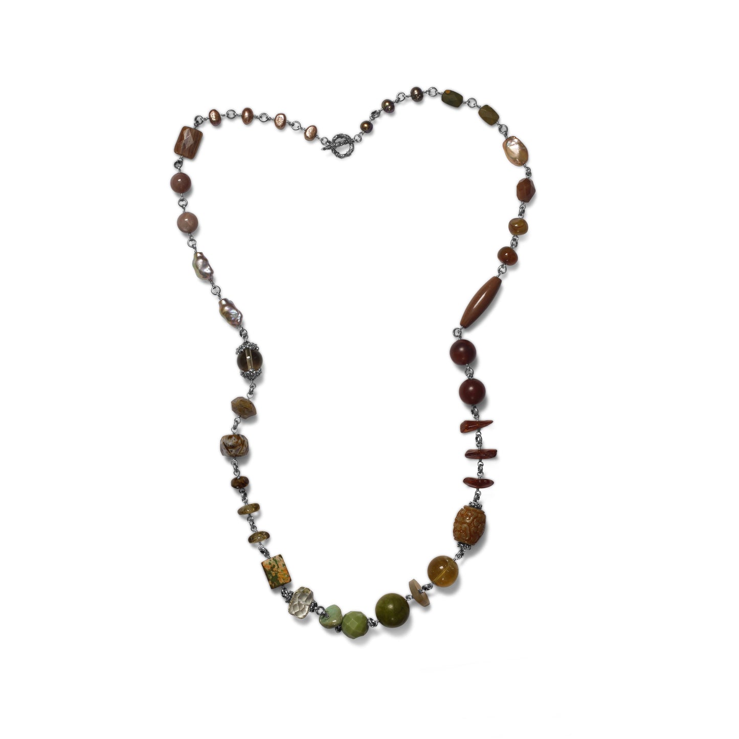 Garden of Stephen Turquoise Agate Flourite Jade Amber Carnelian Smoky Quartz Crazy Lace Agate Rutilated Quartz Pearls Moonstone and Aragonite Necklace in Sterling Silver