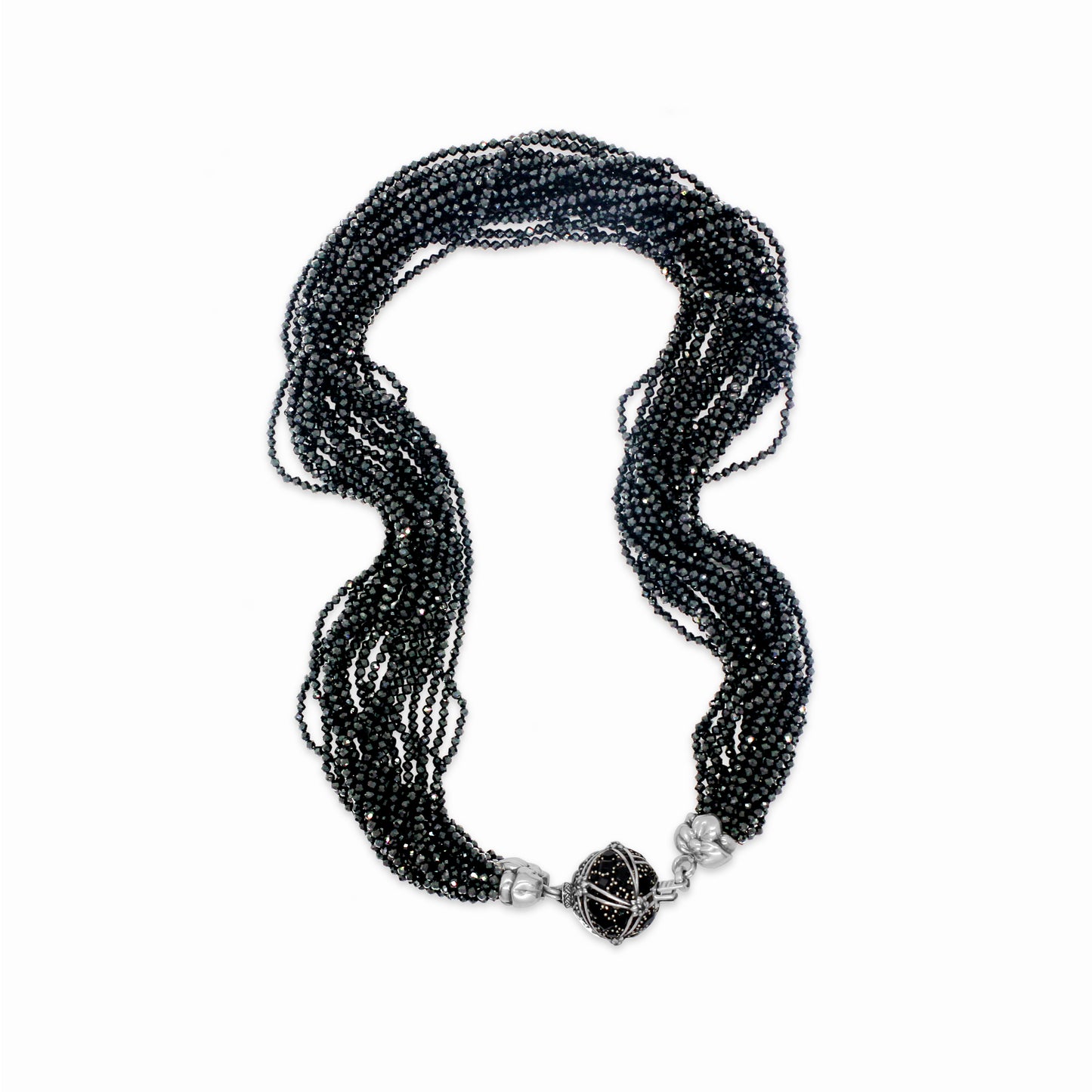 Garden of Stephen Black Spinel Multi-Strand Necklace in Sterling Silver with Black Spinel Pave Sunray Ball Clasp