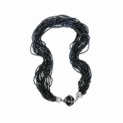 Garden of Stephen Black Spinel Multi-Strand Necklace in Sterling Silver with Black Spinel Pave Sunray Ball Clasp
