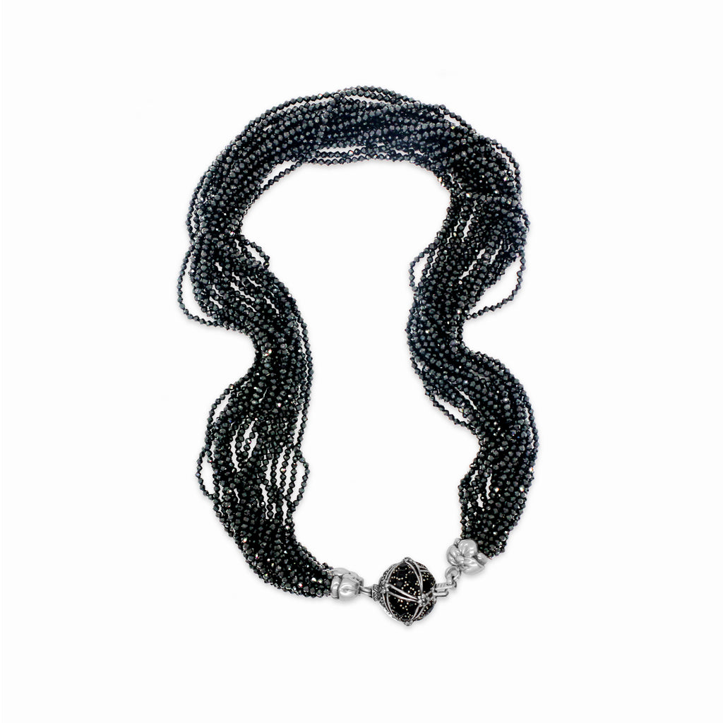 Long Multi-Strand Black Bead Mother of Pearl Necklace | Chairish