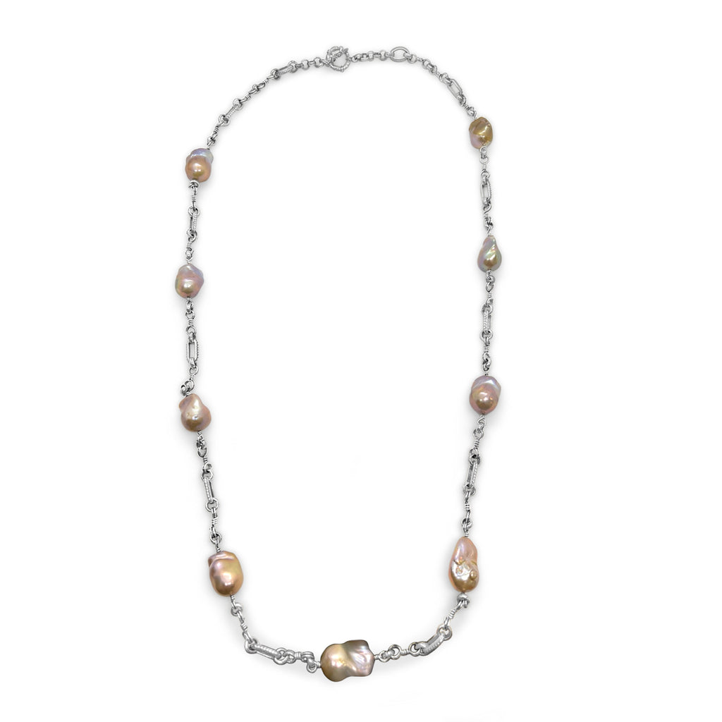 Natural Baroque Pearl Small Rock and Roll Engraved Link Necklace in Sterling Silver