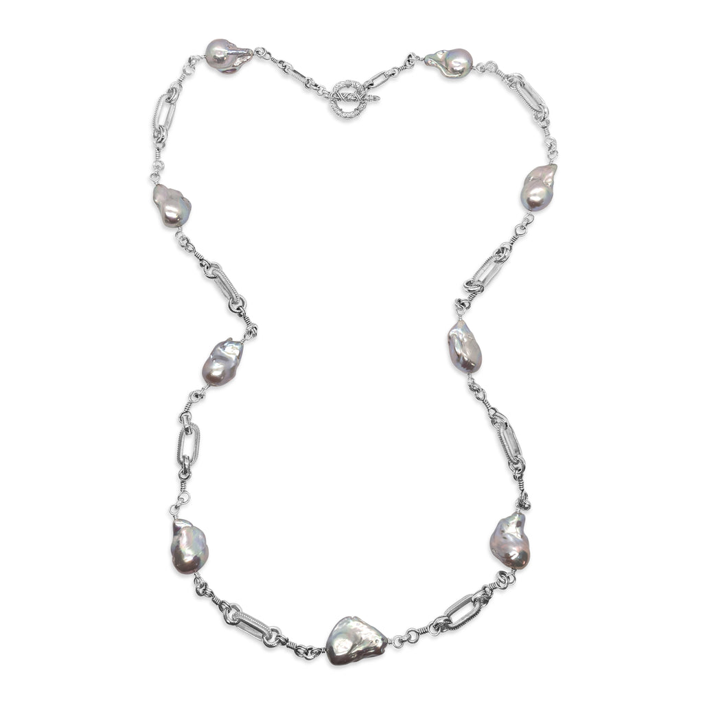 Pearlicious Natural Baroque Pearl Large Rock and Roll Engraved Link Necklace in Sterling Silver