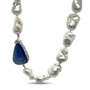 Pearlicious White Baroque Pearl Faceted Natural Quartz and Blue Lapis Necklace in Sterling Silver