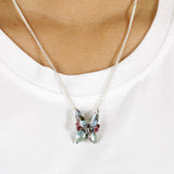 Terraquatic Faceted Natural Quartz Abalone and Rhodolite Garnet Butterfly Pendant in Sterling Silver