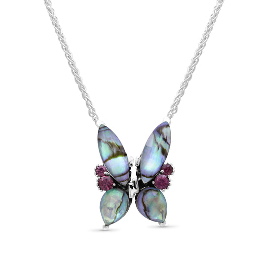 Terraquatic Faceted Natural Quartz Abalone and Rhodolite Garnet Butterfly Pendant in Sterling Silver
