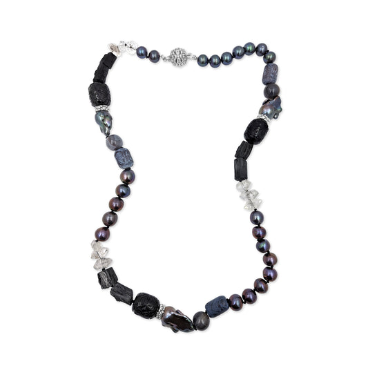 Terraquatic Hand Carved Jet Natural Pearls Agate Herkimar ( Quartz) Diamond Natural Tourmaline Crystals Pave Spinal Sterling Silver Clasp Nacklace