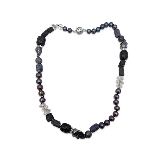 Terraquatic Hand Carved Jet Natural Pearls Agate Herkimar ( Quartz) Diamond Natural Tourmaline Crystals Pave Spinal Sterling Silver Clasp Nacklace
