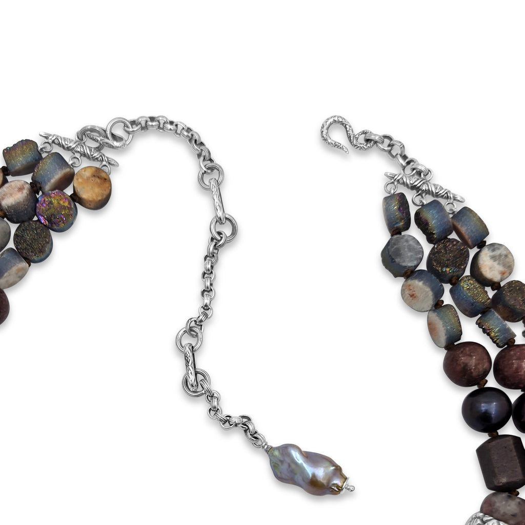 Terraquatic Natural Pearls Moonstones Agate, Ruby Stone, Adventurine, Lepidolite, Drusy Quartz Sterling Silver Necklace