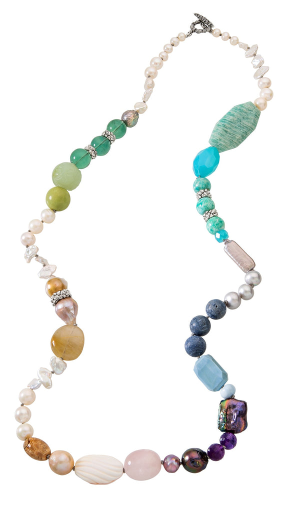 Terraquatic Blue Coral Opal Amethyst Rose Quartz Hand Carved Conch Agate Rutilated Quartz Turquoise Hand Carved Jade Fluorite Amazonite and Multi-Hued Pearl Necklace in Sterling Silver