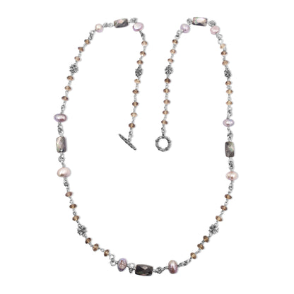 Terraquatic Long Single Strand of Smoky Qtz, Silver Pearls and Faceted Grey Mop with Sterling Silver Details