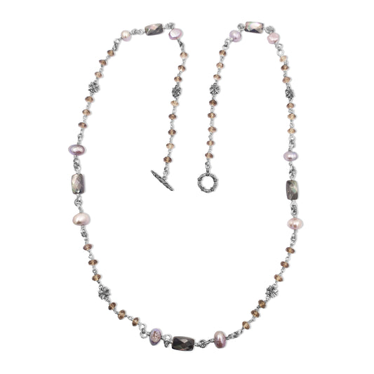 Terraquatic Long Single Strand of Smoky Qtz, Silver Pearls and Faceted Grey Mop with Sterling Silver Details