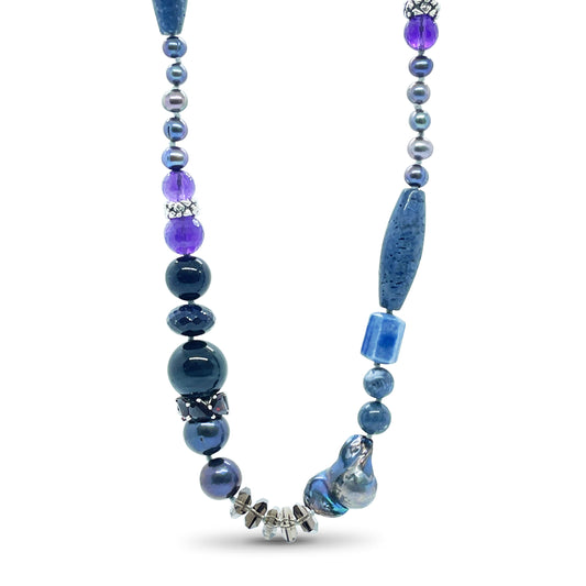 Terraquatic Blue Coral Blue Aventurine Amethyst Blue Tiger Eye Blue Goldstone Smoky Quartz Rhodolite Garnet and Multi-Hued Pearl Necklace in Sterling Silver