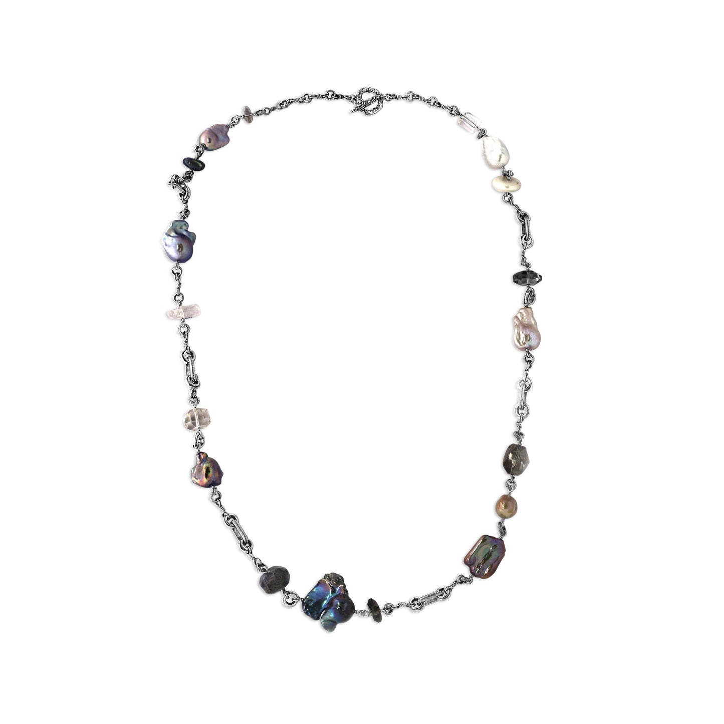 TerrAquatic Necklace of Natural Various Sized Pearls Hand Worked with Sterling Silver Links