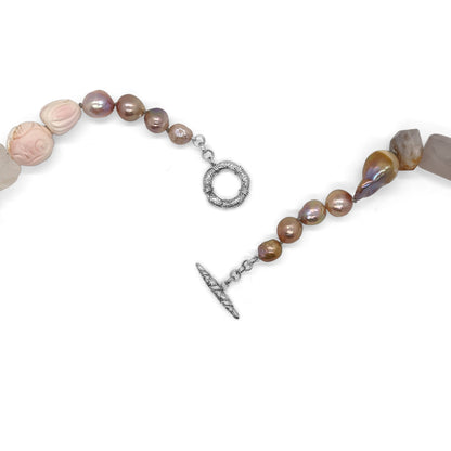 Terraquatic Collage Necklace of Tourmalated Kunzite Galactical Cut Lavender Moon Quartz Rondelle Crazy Lace Agate Hand Carved Caribbean Conch Shell and Baroque Pearls in Sterling Silver