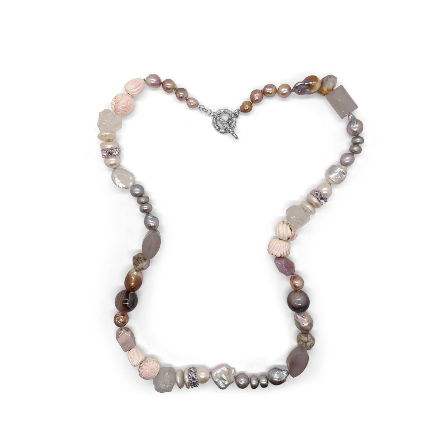 Terraquatic Collage Necklace of Tourmalated Kunzite Galactical Cut Lavender Moon Quartz Rondelle Crazy Lace Agate Hand Carved Caribbean Conch Shell and Baroque Pearls in Sterling Silver