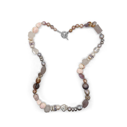 Terraquatic Collage Necklace of Tourmalated Kunzite Galactical Cut Lavender Moon Quartz Rondelle Crazy Lace Agate Hand Carved Caribbean Conch Shell and Baroque Pearls in Sterling Silver