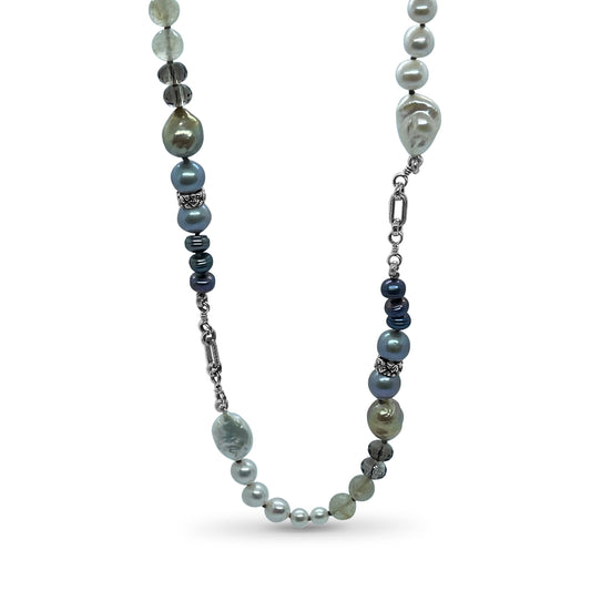 Terraquatic Pearl Smoky Quartz Gold Hair Rutilated Quartz Necklace in Sterling Silver