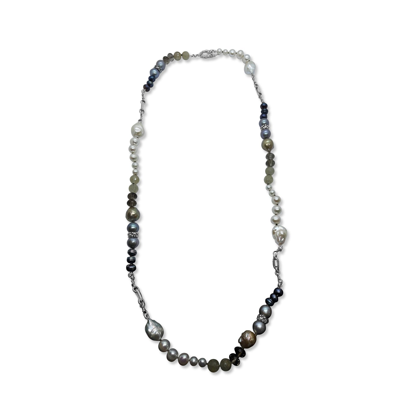 Terraquatic Pearl Smoky Quartz Gold Hair Rutilated Quartz Necklace in Sterling Silver