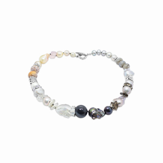 TerrAquatic Multi-Hued Pearls Herkimer Diamonds Galactical Smoky and Lavender Moon Quartz Various Agates and Chalcydony Necklace in Sterling Silver - 21.5In/54Cm