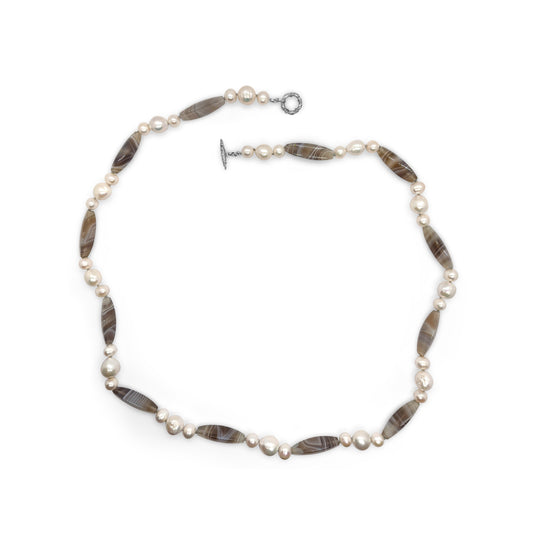Terraquatic Natural Shaded Agate and Natural Pearl Necklace in Sterling Silver